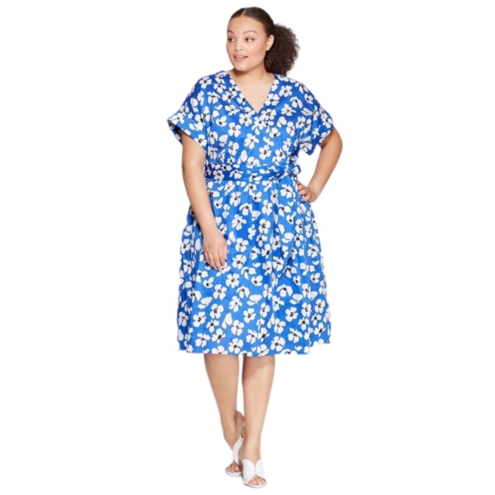 WHO WHAT WEAR Blue Floral Print Short Sleeve Midi Dress Faux Wrap Size 4X New